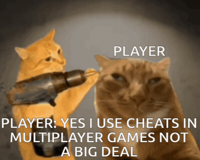 A Cat Holding A Drill Next To Another Cat With The Caption Player Yes I Use Cheats In Multiplayer Games GIF