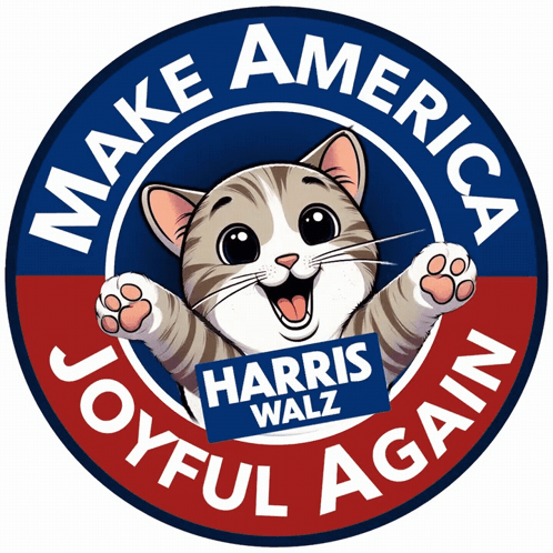 A Cat Holding A Sign That Says Harris Walz GIF