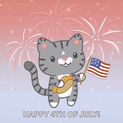A Cat Holding An American Flag And A Hot Dog With The Words Happy 4Th Of July GIF