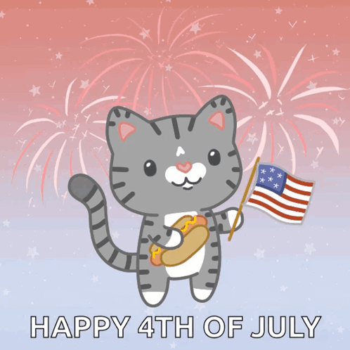 A Cat Holding An American Flag And A Hot Dog With The Words Happy 4Th Of July GIF