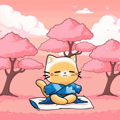 A Cat In A Blue Kimono Sits On A Pillow In Front Of Pink Trees GIF