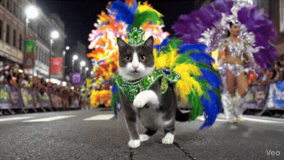 A Cat In A Colorful Costume Is Walking Down A Street In Front Of A Crowd GIF