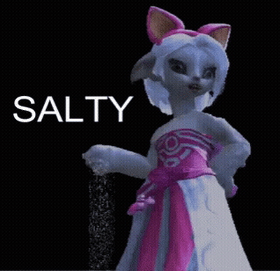 A Cat In A Pink And White Dress Is Sprinkling Salt On A Black Background That Says Salty GIF