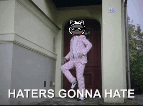 A Cat In A Pink Suit Is Dancing In Front Of A Door With The Words Haters Gonna Hate Below It GIF