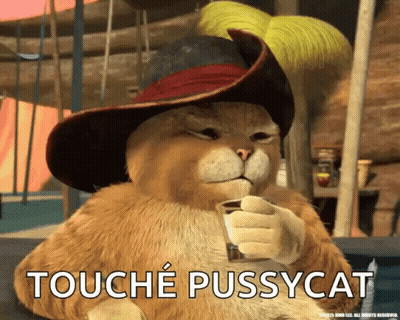 A Cat In A Pirate Hat Is Holding A Cup Of Coffee And Says " Touche Pussycat " GIF
