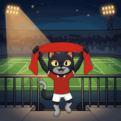 A Cat In A Red Shirt Is Holding A Red Scarf In A Stadium GIF