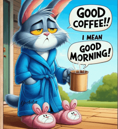 A Cat In A Robe Is Holding A Cup Of Coffee And Saying Good Morning GIF