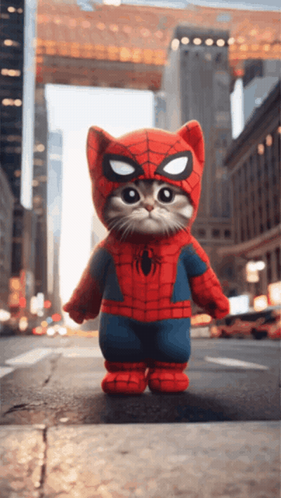 A Cat In A Spiderman Costume Is Standing On A Street GIF