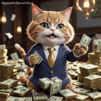A Cat In A Suit Is Surrounded By Stacks Of Money GIF