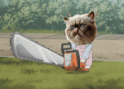 A Cat In Overalls Is Holding A Chainsaw In Its Paws GIF