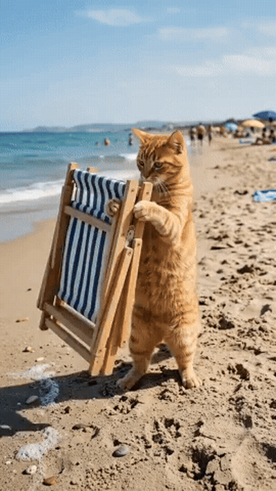 A Cat Is Carrying A Beach Chair On The Beach GIF