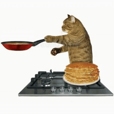 A Cat Is Cooking Pancakes On A Stove With A Stack Of Pancakes On A Plate . GIF