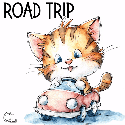 A Cat Is Driving A Red Car With The Words Road Trip Written Above It GIF