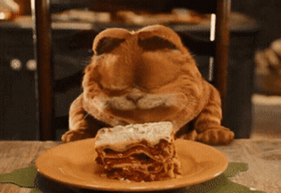 A Cat Is Eating A Slice Of Lasagna GIF