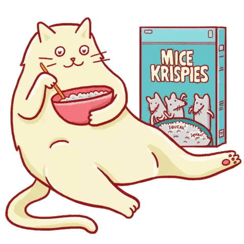A Cat Is Eating Mice Krispies Cereal Next To A Box Sticker