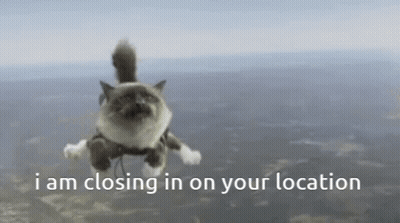 A Cat Is Flying Through The Air With The Words " I Am Closing In On Your Location " GIF