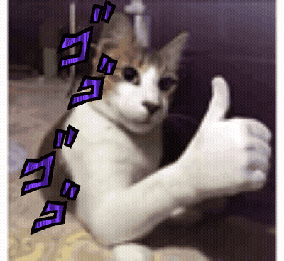 A Cat Is Giving A Thumbs Up Sign With Purple Letters On It GIF