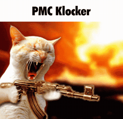A Cat Is Holding A Gun With The Words Pmc Klocker Above It GIF