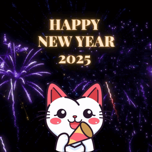 A Cat Is Holding A Megaphone In Front Of Fireworks With The Words Happy New Year 2025 GIF