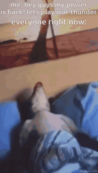 A Cat Is Laying On A Bed With A Caption That Says Hey Guys My Power Is Back Lets Play War Thunder Everyone Right Now . GIF