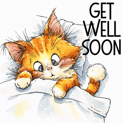A Cat Is Laying On A Bed With The Words Get Well Soon Behind It GIF
