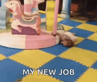 A Cat Is Laying On A Checkered Floor Next To A Pink Rocking Horse And The Words My New Job GIF