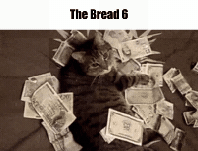 A Cat Is Laying On A Pile Of Money With The Words The Bread 6 Below It GIF