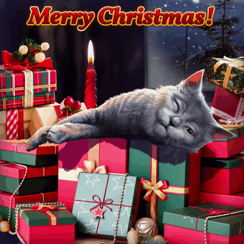 A Cat Is Laying On Top Of A Pile Of Christmas Presents GIF
