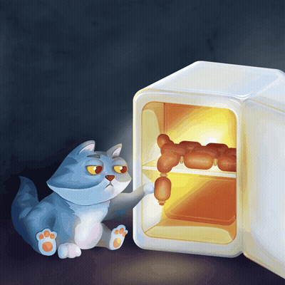 A Cat Is Looking Into An Open Refrigerator With Sausages On The Shelf GIF