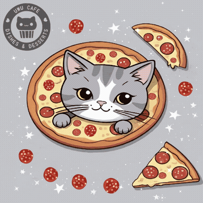 A Cat Is Peeking Out Of A Pepperoni Pizza With The Words " We 'Re Open " On The Bottom GIF