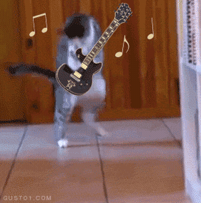 A Cat Is Playing A Guitar With Music Notes Flying Around It GIF