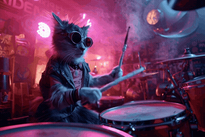 A Cat Is Playing Drums In Front Of A Sign That Says Riders GIF