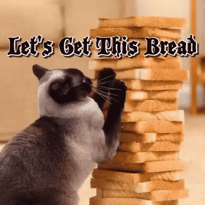 A Cat Is Playing With A Stack Of Bread And The Words Let 'S Get This Bread Are Above It GIF