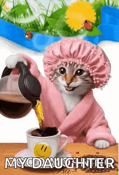A Cat Is Pouring Coffee Into A Cup With A Smiley Face On It . GIF