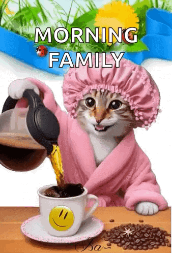 A Cat Is Pouring Coffee Into A Cup With A Smiley Face On It GIF