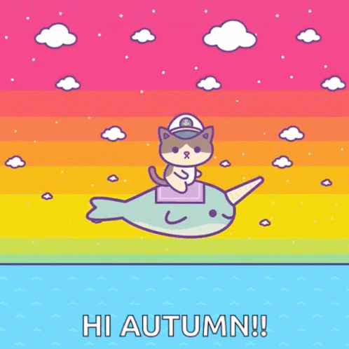 A Cat Is Riding On The Back Of A Narwhal With The Words Hi Autumn Written Below It GIF