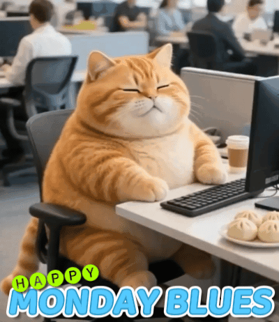 A Cat Is Sitting At A Desk With The Words Happy Monday Blues GIF