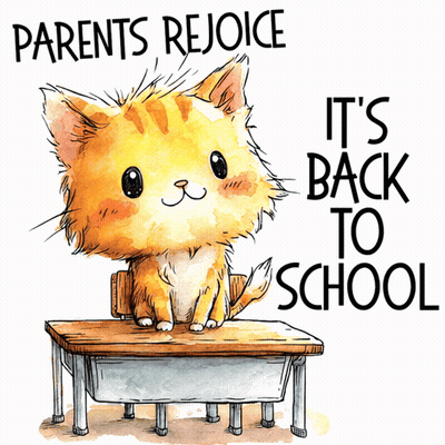 A Cat Is Sitting At A Desk With The Words Parents Rejoice It 'S Back To School GIF