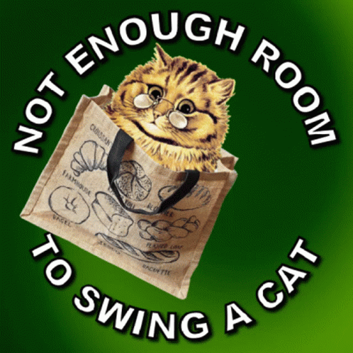 A Cat Is Sitting In A Bag That Says Not Enough Room To Swing A Cat GIF