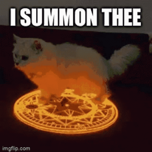 A Cat Is Sitting In A Circle Of Fire With The Words " I Summon Thee " Written Above It GIF