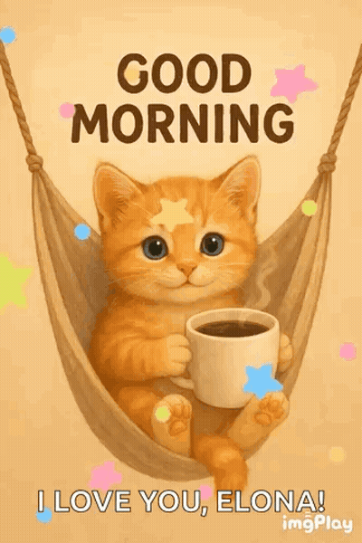 A Cat Is Sitting In A Hammock Holding A Cup Of Coffee And Saying Good Morning . GIF