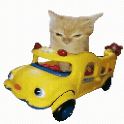A Cat Is Sitting In A Yellow Toy Bus GIF