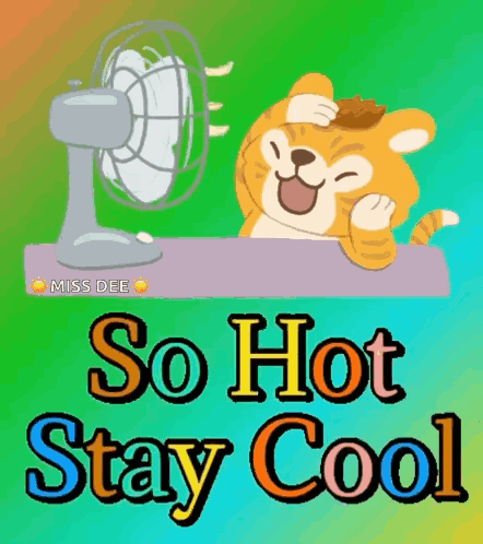 A Cat Is Sitting In Front Of A Fan With The Words `` So Hot Stay Cool '' Written Below It . GIF