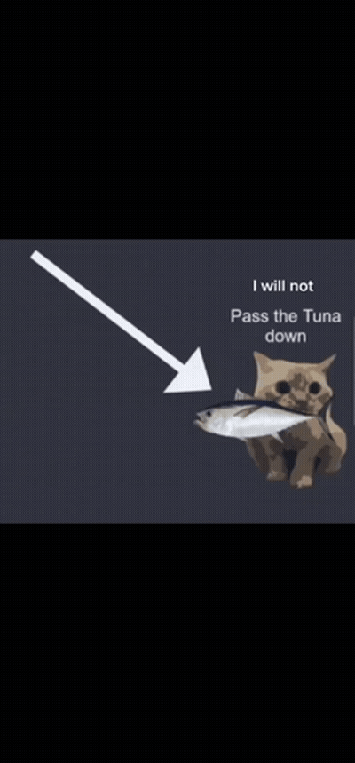 A Cat Is Sitting In Front Of An Arrow Pointing Down To A Tuna . GIF