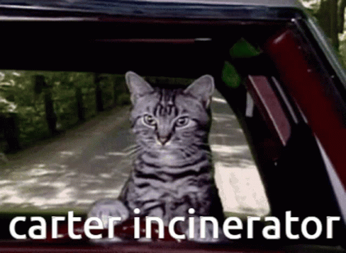 A Cat Is Sitting In The Driver 'S Seat Of A Car With The Words Carter Incinerator Written Below It GIF