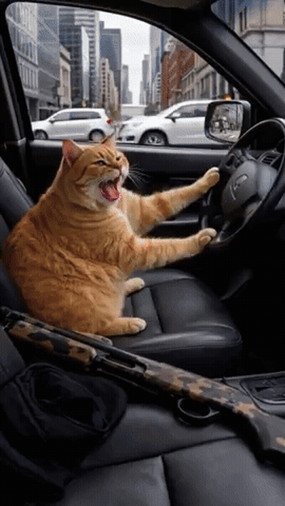 A Cat Is Sitting In The Driver 'S Seat Of A Car Yawning GIF