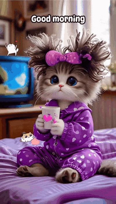 A Cat Is Sitting On A Bed Holding A Cup Of Coffee And Saying Good Morning GIF