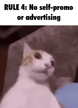 A Cat Is Sitting On A Couch With The Words `` Rule 4 : No Self-Promo Or Advertising '' Written On It . GIF