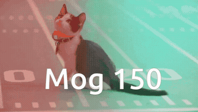 A Cat Is Sitting On A Green Surface With The Words Mog 150 Written Below It GIF