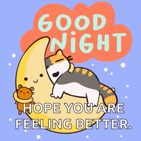 A Cat Is Sleeping On A Crescent Moon With The Words " Good Night Hope You Are Feeling Better " Below It GIF